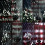 **Symbolic artwork: the scales of justice, dramatically unbalanced, one side lifted high holding pure white lilies and snowflakes, the other side hanging low, weighed down with jagged black coal, metaphor for racial inequality in America, dramatic shadows, American flag blurred in the background, cinematic composition, high realism --ar 16:9 --v 6.0** - <@1273779388386770994> (fast)