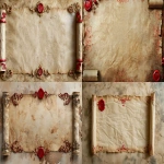 **Compact horizontal parchment scroll, aged cream paper with red baroque border details, small decorative corner elements, red wax seal accent, scroll ends curled at sides, Christmas workshop theme, centered with generous negative space on all sides, soft warm lighting, detailed paper texture, landscape format --ar 16:9 --v 6.0** - <@1101284427277017178> (fast)