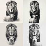 **photo realism. Black and grey design. Male lion posing with a sheep. Sheep is standing in front of lion with lion head towering over. Both animals looking at camera. Clean lines, clean shading. White background --v 6.1** - <@651578269954736176> (fast)
-# Create, explore, and organize on [midjourney.com](<https://midjourney.com/imagine?from_discord=1>)