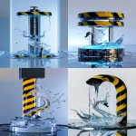 **a glowing iconic ASMR hydraulic press (cylinder) with its iconic black and yellow stripes descending on a delicate crystal glass sculpture of a swan fillid with blue liquid standing on a cylinder metall surface, clean minimalistic white studio background setting, bright, sterile lighting, reflections on the polished metal and crystal facets, beautiful destruction, high resolution --ar 9:16 --v 6.0** - <@672875703666081795> (relaxed)