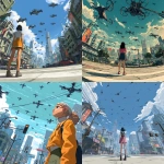 **It measures 16:9 in size, and the style is the style of a 2D flat cartoon. A girl with a 45-degree low angle and two-point perspective is looking up at a futuristic city intersection on a sunny day. Above the girl, numerous black drones move from the back to the front.** - <@1391623149094965368> (relaxed)
-# Create, explore, and organize on [midjourney.com](<https://midjourney.com/imagine?from_discord=1>)