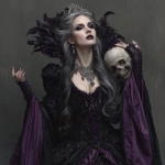 **A dramatic female fallen aasimar sorcerer in her late twenties, with luminous pale skin tinged with shadow. Long flowing dark hair with silver highlights. Striking silver-grey eyes. Wearing an elaborate black and deep purple Gothic gown with high collar and flowing sleeves, black velvet cape with purple silk lining. Theatrical smoky makeup, dark lips. Ornate silver skull jewelry. Proud, haughty expression, chin raised, one hand raised in dramatic gesture as if delivering a monologue. Faint shadowy wings barely visible behind her. Holding an ornate skull. Broadway theatrical energy meets dark necromancer. Fantasy D&D character portrait, detailed digital art.** - Image #2 <@394349309673472010>