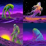 **scifi comic book style, alien ghost sludge monster, translucent, colorful, full body, on a purple crater planet, bright, classic scifi, scifi comic book style** - <@186377350642925568> (fast)