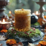 **A 2 oz amber salve jar on a moss-covered stone altar. Surrounding it are carved Celtic spirals, pomegranate seeds, marigold petals, and a black obsidian sphere. A mist rises from the autumn forest behind, with faint ghostly silhouettes symbolizing death and rebirth. Rich earthy tones, candlelight glow, mystical, no text. --v 6.0 --s 750** - Image #2 <@1090630909448949831>