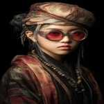 **<https://s.mj.run/7mMunDiz1jg> Beautiful bitcrushed korean female bard with vibrant reflective red spectacles with silver edged carbon fiber frames, exotic beret of woven ivory spider silk. full body full figure, black background --ar 3:5 --profile 48sd689** - Image #4 <@1002947002323185734>