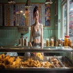 **English fish and chip shop, young attractive glistening woman wearing what might be considered a dangerous outfit to wear around hot oil; a mini skirt and cropped top. Scooping chips out of a vast fryer filled with oil, a glass display cabinet atop the fryers in front of her at chest height, with warm battered offerings contained: battered cod, piles of saveloy sausages, pies in aluminium foil dishes. On the counter top are Proper large salt and vinegar in white plastic, shakers , wooden forks and large jars of pickled onions and pickled eggs. paper wrapping for the chips. colourful chip shop menu on a tiled wall behind her, epsilon aurigae constellation reflected on the menu and tiles beaming from the window, retro futurism --ar 16:9 --raw** - Image #2 <@744210433703018499>