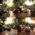 **a magazine quality photo realistic image of a backyard deck. The deck is made out of brown treated lumber that looks new. it is styled with restoration-hardware furniture and has a modern look. It is golden hour in the summer. The photo is for a wood protector ad in a magazine. --ar 5:4** - <@1149448379978489937> (fast)