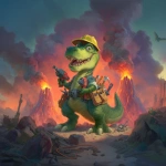 **a green Tyrannosaurus rex cartoon, wearing a construction hat, smiling dinosaur, holding power tools, volcanoes in the background --v 7.0** - Image #3 <@613776001259798675>