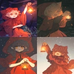 **waifu red riding hood holds a lantern alight with mycelium derived foxfire in the night. --chaos 5 --ar 3:4 --style raw --profile erwunwe --stylize 1000 --weird 600 --niji 6** - <@756243991992991804> (fast)