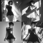 **A vintage anime-style full-body black-and-white illustration. a thin Japanese girl wearing a thin transparent dress, full body shoot,beautiful girl 20yo, random short outfit,no sleeve outfit, random pose, ultra details , photorealistic, realistic, gel lighting, Cinematic, Filmic, Glamor Shot, Wide Angle, Exposure, 4k, Frontlight, Cinematic Lighting, volumetric Light, Ray Tracing Reflections, Chromatic Aberration, photography, hyper realistic, 4k, 8k, unreal engine, --v 7.0** - <@852041915598635039> (fast)