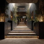 **Architectural rendering of a spectacular outdoor staircase leading to the "ALQUIMIA Café & Bar," a clandestine-style entrance with a mysterious and elegant atmosphere, a narrow hallway with stairs, warm lighting, brass and matte black details, decorated walls, no roof, open sky with soft ambient light, a discreet gold sign at the top, plants and artistic lighting accents on the sides, cinematic composition, artistic and intriguing design that feels secretive yet rigid, ultra-realistic rendering.** - Image #4 <@1175115063670087744>