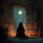 **a cinematic 3D scene in 16:9 aspect ratio, showing a young girl seen only from behind, wearing a black abaya and scarf, sitting alone in a dark stone room after the tragedy of Karbala, her back slightly hunched in sadness, she is facing a small wooden window and door, through which a full moon is visible in the night sky, soft blue moonlight shining through the window and door, casting gentle light on the girl's back, the room is dimly lit with a candle flickering beside her, outside shows burnt tents and palm trees in ashes, the mood is deeply emotional, expressing loss and longing, warm amber tones mixed with cold blue light, realistic texture, soft shadows, volumetric cinematic lighting, ultra-detailed, 4K resolution** - Image #2 <@1293207297316880454>