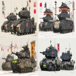**a dnd style concept art with Ashley Wood details of two feudal japan wooden and old iron nuclear powered main battle tanks, Japan Taisho era armada, have different number in the body, same size but not identical, dark industrial scifi style, labeled as armada best units, black-sand color with navy accents and small hi-viz lime and red hazard markings, mechanical details, Japanese characters graffiti on the turret, realistic look, moody atmosphere, a little bit foggy, signal towers, various size nobori, various size lanterns, robotic-mechanical arms, have japanese anime mural on the body, signal cabbles, on a white background in the style of Studio Ghibli and Makoto Shinkai, cel-shaded, full-body, cartoon, 2D game art --ar 11:5** - <@1043498067623686144> (fast)