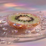 **a highly detailed crystal kiwi art piece, shaped like a sliced kiwi made entirely of translucent gemstone, iridescent rainbow reflections, sparkling diamond-like textures, placed on a clear glass plate, surrounded by crystal droplets, soft pastel lighting, dreamy glossy aesthetic, hyper realistic photography, fantasy luxury concept --ar 9:16** - Image #2 <@1240240057374478349>
