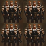 **Three identical characters. Identical triplet muscular powerlifter half orcs, male, defined muscles, vascular, short curly red hair, silver eyes, freckles, detailed face, square jaws, large biceps, large legs, hairy chest, wearing Roman gladiator armor, realistic, high contrast, detailed, professional, natural setting, triplets, hairy chest, bodybuilders, freckles. Realistic. - - ar 9:16 --v 6.1 --ar 1:1** - Zoom Out by <@1222981214734913607> (relaxed)