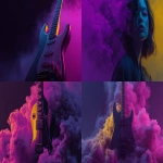 **make a cover, leave space for text on the left, dark smoke and empty purple space on the left, make the left space dark, neon guitar, black background, purple-yellow style, hyperrealism style, minimalism --ar 7:4 --s 250 --raw** - Remix (Strong) by <@1189578992479633449> (fast)