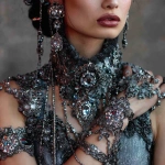 **close-up of a high fashion model wearing intricate iridium necklace, earrings, bracelets, and hair decorations, --v 7.0** - Image #4 <@559099678189289495>