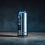 **create a concept photo for a small sleek stainless steel cylindrical shaped portable espresso machine. With a small pressure and heating. With a small screen. On a dimly lit product photo style shoot on darker background and concrete countertop --v 7.0** - Image #1 <@796572981248786462>