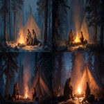 **A 45-year-old father and his 10-year-old son camping in the Siberian forest at night, spring of 1853, warm glowing campfire at the center of the scene, sparks rising into the cold night air, father in fur-lined expedition clothing sitting on a log, son wrapped in a blanket sitting close to the fire, canvas tent and wooden poles in the background, tall pine trees surrounding the campsite, firelight illuminating their faces with warm tones, contrast between warm firelight and cold dark forest, cinematic atmosphere, high details, 4k, realistic --ar 16:9 --v 7.0** - <@1395893999088308316> (fast)