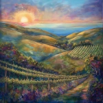 **A breathtaking ethereal landscape painting, blending vibrant oil paints with luminous, translucent organza textures, capturing a vineyard at golden hour with rolling hills, lush grapevines, and a tranquil seascape horizon. A rising sun with soft pinks, lavenders, and golds evokes empowerment and resilience, with delicate organza layers adding shimmering, whimsical depth. The composition radiates divine calm and timeless elegance, transforming spaces into sophisticated sanctuaries, framed by a luxurious interior hint. Inspired by nature’s grace and spiritual strength, in Deeline’s mixed-media style, highly detailed, cinematic lighting, 4K resolution. --v 6.0** - Upscaled (Creative) by <@1110395229338615829> (fast)