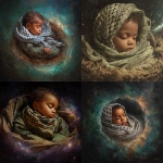 **make a detailed full body renaissance painting of the full body a middle eastern baby baby jesus sleeping in mid-distance in outerspace, like a ring nebula is his nest. it's important to see the texture in the painting. the baby has brown skin, green eyes and has a keffiyeh around his neck. we can see the full body of the baby. shot with 24mm wide-angle lens** - <@1004567301909118977> (fast)