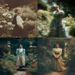 **Take a poetic full-length photo of a 1900s girl. The girl is standing in a garden. 8K full resolution, maximum sharpness, the photo is blurry and out of focus at the edges. --ar 2:3** - <@1101859494062989373> (fast)