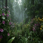 **A hyper-realistic image of a lush, green forest during gentle rain. The forest is filled with broad-leaved trees and vibrant blooming flowers in various colors pink, purple, yellow, and white. The leaves glisten with raindrops, and petals are slightly wet. Mist rises gently from the forest floor, and soft ambient light filters through the canopy. Raindrops are falling delicately, some caught midair. The atmosphere is serene and magical, like a hidden paradise. Realistic lighting, 85mm DSLR photo, cinematic mood, natural soft focus, shallow depth of field. --ar 16:9** - Image #2 <@966716359268499528>