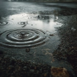 **A cinematic, ultra-realistic close-up of raindrops falling into a shallow puddle on a rough concrete road. Multiple concentric ripples spread across the water surface, overlapping naturally. The ground texture is wet, gritty, and uneven, with subtle reflections of the cloudy sky visible in the puddle. Soft diffused natural light, overcast monsoon atmosphere, muted grey and earthy tones. High detail water physics, realistic ripple patterns, shallow depth of field, photorealistic textures, calm yet moody pre-monsoon feel, 4K ultra-realistic quality.** - Image #3 <@1310497705784643657>