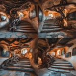 **ancient fortress grand stairway, twisted tree roots on ceiling with elegant stone floors, tree roots stair banister railing, paintings on walls, sunset lighting, 8k detail, shot on a Sony Alpha a7 III camera --ar 9:16 --v 6.1** - Variations (Strong) by <@941416877790486558> (fast, stealth)