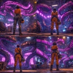 **cyberpunk mechanical snake den with angry chrome snakes, neon purple and orange theme. cyberpunk woman standing in foreground with back to camera, holding a pilot helmet --v 7.0** - Variations (Strong) by <@820024234734518302> (fast)