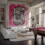 **create an all white studio, white couch, white pool table with a massive art piece on the wall, hot pink, black and white, some crazy charcoal lines, bears basquiat, big face, luxurions --v 7.0** - Upscaled by <@1240395747078307862> (fast)