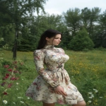 **ultra realistic, highly detailed high necked summer luncheon dress mid calf, long sleeved worn by a beautiful young woman standing with a lovely park behind her. HD --v 7.0 --ar 2:3** - Image #2 <@1327691479602298971>