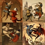 **John Backflip a cat who invented the backflip who was exiled for witchcraft meets his arch rival William Frontflip in a medieval painting of cute cats --niji 7** - <@937851746712186921> (relaxed)