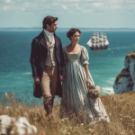 **photograph type picture of a gorgeously handsome man with dark hair and blue eyes dressed in Regency era clothing. He is standing on a cliff top with a beautiful woman also wearing Regency era clothing - empire line dress with high waist. They are holding hands and watching a sailing ship of the type like HMS Victory. It is sunny. They are happy --v 7.0** - Upscaled by <@1160482508425658468> (fast)