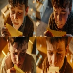 **[URL de ton image de référence ici] Cinematic film still, photorealistic. Low-angle close-up shot of the same boy from the reference image, filmed in counter-plongée from below. He is holding a small yellow post-it note in his hands and reading it. His face is illuminated by warm golden light, his eyes filled with tears of joy and emotion, his expression a mix of surprise, happiness, and tenderness. Subtle tear reflections on his cheeks and eyes, natural skin tones, realistic detail. In the blurred background, soft hints of the baby mobile box and wrapping paper are visible on the floor, but the focus is entirely on the boy’s emotional face as he reads the note. Shallow depth of field, subtle film grain, cinematic golden lighting. Shot like a high-end Christmas commercial with an Arri Alexa cinema camera --ar 16:9 --v 6.0 --no cartoon, cgi, clutter --raw** - <@1072446343324385341> (fast, stealth)