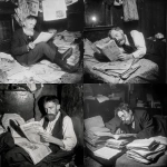 **abrahm vermont, un escritor adulto de 30 años en 1915 en rosario duermiendo acostado en el piso de noche. se tapa con diarios porque no tiene frasada. cubierto por los ejemplares de diario como sabana. 'the vols stimme' su diario escrito en idish litografiado. Vive entre sus palabras en su cuarto muy pequeño de conventillo y con pocas cosas, para escribir y litografia. Escena de pelicula a color de thirller moderno ambientado en 1910 pero con la calidad actual de cine profesional. Vermont es dejado, tiene bigote largo pero sin barba y poco pelo y un poco gordo, viste formal, pero gastado.** - <@985959374633717780> (fast)