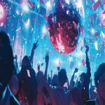 **comic book Cel-shaded anime style with bold clean linework, a shimmering disco ball hanging from the ceiling of a crowded nightclub, vibrant red and blue lights reflecting off the mirrored surface, dynamic beams of colored light scattering across the dark room, hazy party atmosphere, silhouettes of people blurred in the background, high-energy modern club vibe, cinematic party lighting --niji 6 --ar 16:9** - Image #2 <@257221362568003584>