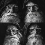 **realistic portrait of an old wise man with long white beard and deep eyes, wearing a dark hooded cloak, cinematic lighting, ultra-detailed wrinkles and skin texture, sharp focus on the face, soft shadows, mystical atmosphere, monochrome black and white, 8k, ultra realistic photography style --ar 3:4 --v 6.0 --no hand, staff, medallion, background symbols --raw** - Variations (Strong) by <@1146806236982034432> (fast)
-# Create, explore, and organize on [midjourney.com](<https://midjourney.com/imagine?from_discord=1>)