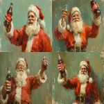 **A warm, nostalgic illustration of Santa Claus raising a classic glass cola bottle in a friendly toast, inspired by mid-20th-century holiday advertising. Santa is plump and joyful with a big white beard, rosy cheeks, twinkling eyes, and soft expressive wrinkles. He wears a traditional red Santa suit with white fur trim. Painterly oil-on-canvas style, rich brush strokes, slightly soft edges, vintage illustration feel. Warm green background with subtle glow, cozy Christmas atmosphere, classic Americana holiday art, timeless, wholesome, cheerful. --ar 3:2 --v 6.0 --s 300 --raw** - <@886620653539688518> (fast)
-# Create, explore, and organize on [midjourney.com](<https://midjourney.com/imagine?from_discord=1>)