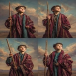 **photorealistic, klimt, A young enthusiastic Middle Eastern boy of royal birth standing holding a tall ornate wooden wand upright, expression of fresh excitement and inspired vision, eyes bright with utsaha enthusiasm and discovery, wearing simple burgundy and teal robes with minimal gold Klimt geometric patterns, young adult or teenager not a child, stance suggesting forward movement and exploration, background with open landscape or desert horizon suggesting new beginnings and possibilities, Byzantine gold mosaic patterns subtly in background, atmosphere of utsaha fiery enthusiasm and fresh magnetic center, sense of beginning student with untested but genuine inspiration, jewel tones of burgundy teal gold and warm earth tones, ornate baroque frame, mood of eager discovery and dynamic forward energy, pure enthusiasm before friction arrives, --ar 2:3 --raw** - Variations (Strong) by <@1122608133139857530> (fast)