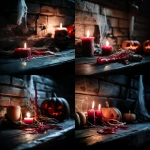 **<https://s.mj.run/C4JWowKI4Hk> A realistic photograph featuring a close-up of a wooden table surface in the foreground, scattered with melted red candles, dried twigs, and bits of straw. In the background and surrounding areas, moody Halloween-themed decorations such as carved pumpkins with glowing faces, spider webs on white walls, and dim, flickering lights. The atmosphere is eerie and shadowy, with warm candlelight casting soft glows on nearby textures. --s 550 --v 6.1 --c 10 --cref <https://s.mj.run/C4JWowKI4Hk>** - <@437658373576720385> (fast)