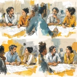 **a group of designers at a table discussing a set of plans, for a graphic for a PowerPoint, more stylistic than photo realistic, image of a Hispanic man and white woman, discussing plans on a table --v 7.0** - Variations (Strong) by <@425885932529647627> (fast)