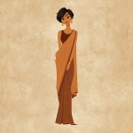 **Pixar Disney style flat 2D procreate textured full length illustration of an Indian tall woman standing with short hair , dressed in a saree and earrings. The style should have clean outlines, and subtle textured shading to give it a hand-painted feel.** - Image #2 <@748085296171843676>** - Image #2 <@748085296171843676>