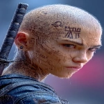 **orc woman, fangs, in the heavy hard rain, tempest, lightining, incandescent katana, tattooed head, super vitreous blank white eyes like empty blind eyes, editorial illustration of a young cyberpunk Asian girl warrior, punk hair cut half bald, from the underground cluber Tokyo drift club subculture, dendrokinetic Gang tattoo, blurred makeup, angry, kanji, --ar 3:5 --raw --p f6gpn1a sw3hfp8 o7iksp7 --stylize 750 --v 7.0** - Image #1 <@1054482006731395092>