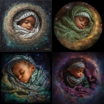 **make a detailed full body renaissance painting of a middle eastern baby baby jesus sleeping in mid-distance in outerspace, like a ring nebula is his nest. it's important to see the texture in the painting. the baby has brown skin, green eyes and has a keffiyeh around his neck. we can see the full body of the baby. shot with 24mm wide-angle lens** - <@1004567301909118977> (fast)