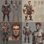 **Character design sheet. Realistic 3d rendering. Character design sheet of a ruggedly handsome, Hyper muscular handsome half orc, bodybuilder, bright silver eyes, short curly red Mohawk, short pointed ears, defined muscles, Huge leg muscles, huge pectoral muscles, big arm muscles, vascular hyper muscular, wide Grecian nose, strong square jaw, defined cheek bones, masculine features, freckles, Bodybuilder, short pointed ears, wearing Roman gladiator armor. --v 7.0** - <@1222981214734913607> (relaxed)