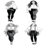 **A full-body black-and-white illustration in a vintage anime style. The person has long hair flowing down their back and is wearing an oversized shirt. Underneath, they are wearing tight dark-colored jeans and high heels. Their head is that of a monster. --ar 29:64 --v 7.0** - <@852041915598635039> (fast)