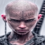 **orc woman, fangs, in the heavy hard rain, tempest, lightining, incandescent katana, tattooed head, super vitreous blank white eyes like empty blind eyes, editorial illustration of a young cyberpunk Asian girl warrior, punk hair cut half bald, from the underground cluber Tokyo drift club subculture, dendrokinetic Gang tattoo, blurred makeup, angry, kanji, --ar 3:5 --raw --p f6gpn1a sw3hfp8 --stylize 750 --v 7.0** - Image #2 <@1054482006731395092>