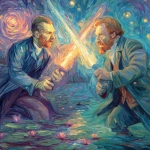 **A vibrant clash of styles unfolds as Van Gogh, rendered in swirling cobalt brushstrokes and textured impasto, duels with Monet’s translucent saber-wielding figure bathed in soft pastel light, their blades sparking amid a fractured landscape of starry skies melting into water lily ponds. --s 250 --v 7.0** - Upscaled by <@908623560245911562> (fast)