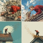 **a man in a red shirt blowing off a roof and clearing it of leaves and pawn straw** - <@1239487485965504543> (fast)